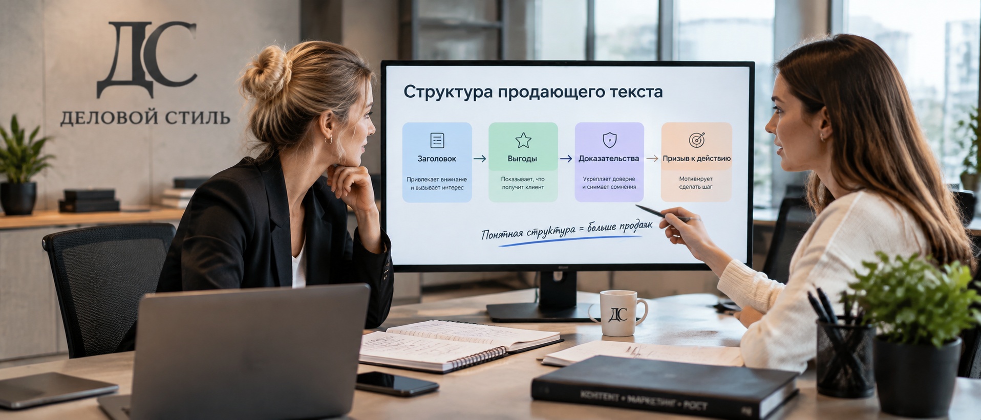 Структура продающего текста для сайта — схема блоков: заголовок, выгоды, доказательства, призыв к действию