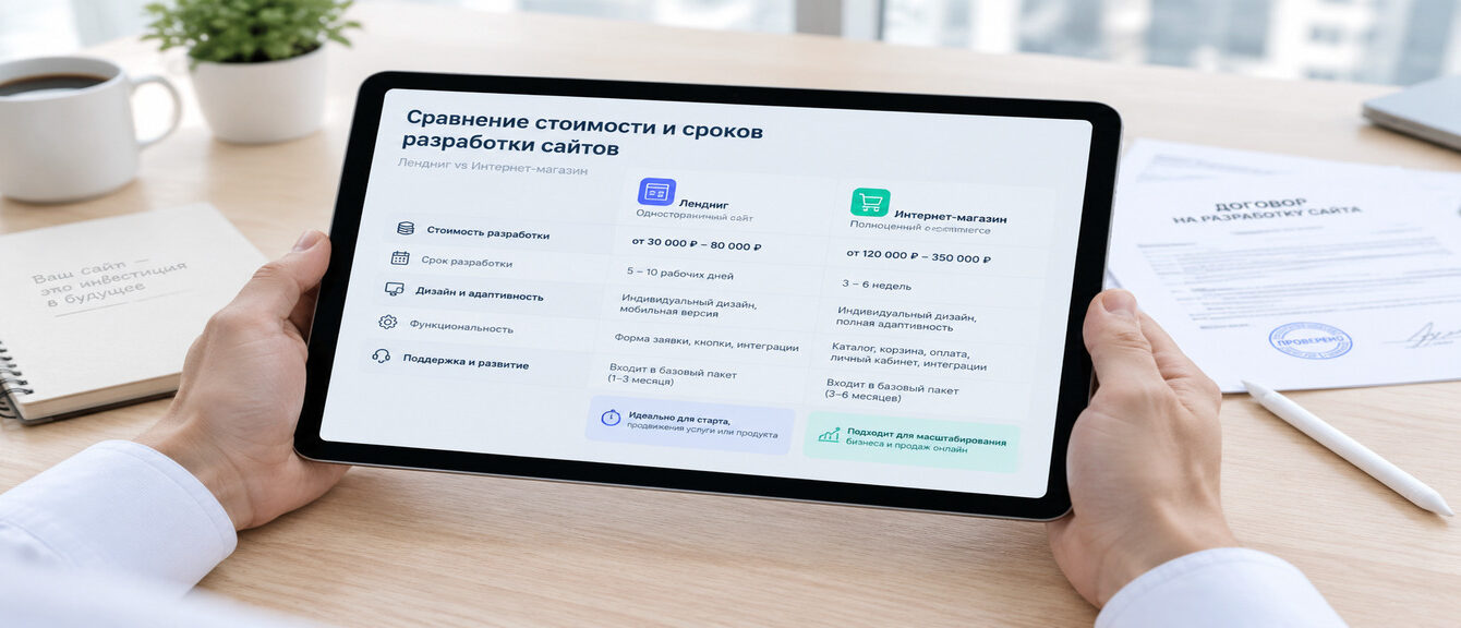 Сравнение типов сайтов по стоимости и срокам разработки — таблица цен на визитку, лендинг и интернет-магазин